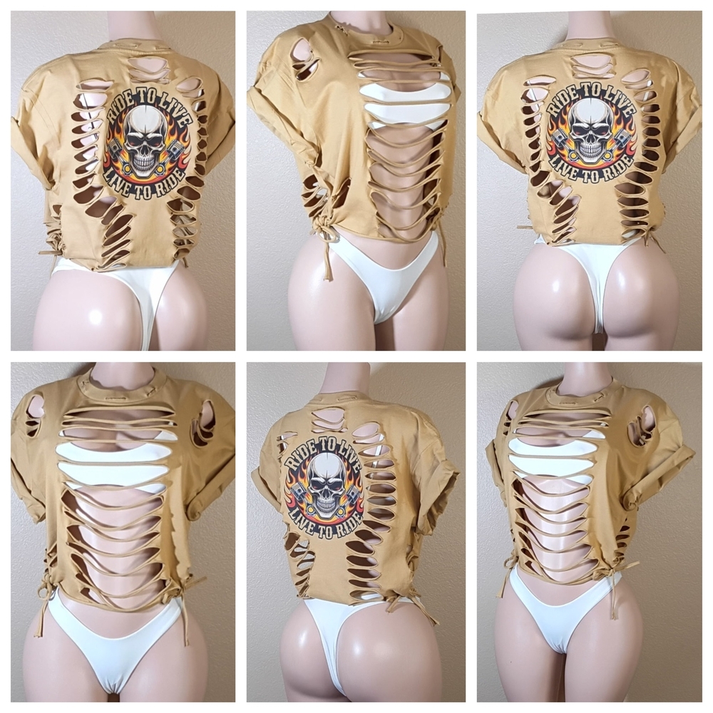 Live to Ride Custom Biker Distressed Crop Top